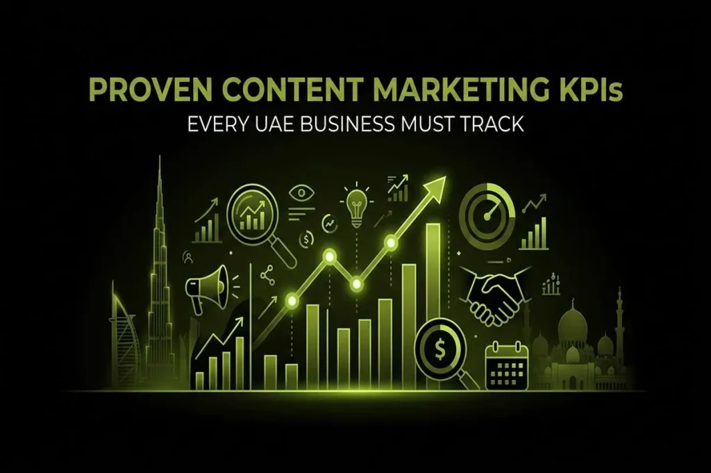 Infographic titled Proven Content Marketing KPIs Every UAE Business Must Track, featuring a glowing growth chart