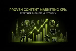 Infographic titled Proven Content Marketing KPIs Every UAE Business Must Track, featuring a glowing growth chart