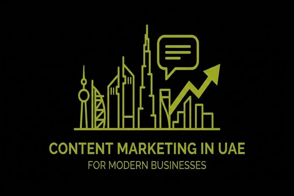 displaying the text "content marketing in UAE," positioned next to info graphic of UAE buildings