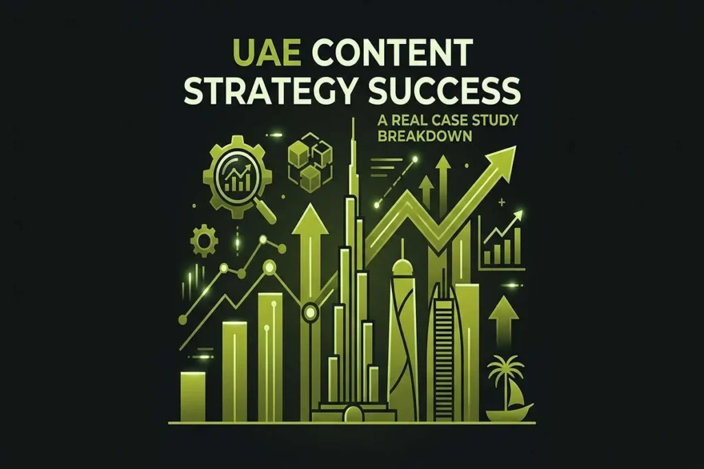 Infographic titled UAE Content Strategy Success, featuring a real case study breakdown with a rising growth chart, technical icons, and the Dubai skyline.