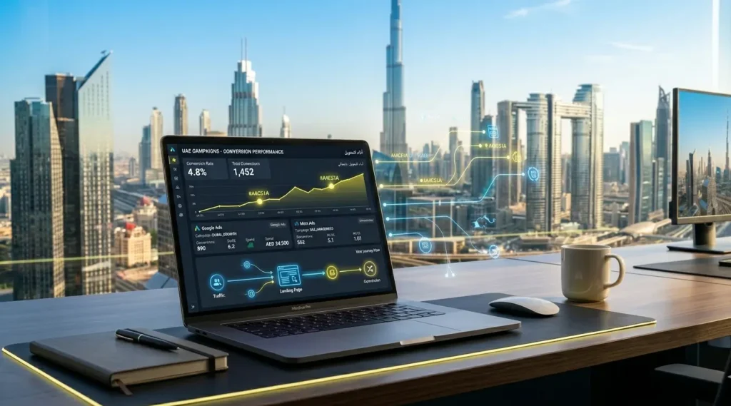 Digital marketing dashboard showing conversion tracking data and analytics for UAE ad campaigns