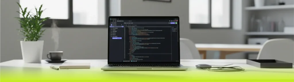 Developer writing custom website code on laptop in a modern office — bespoke web development services for Dubai businesses by SkillsHeaven