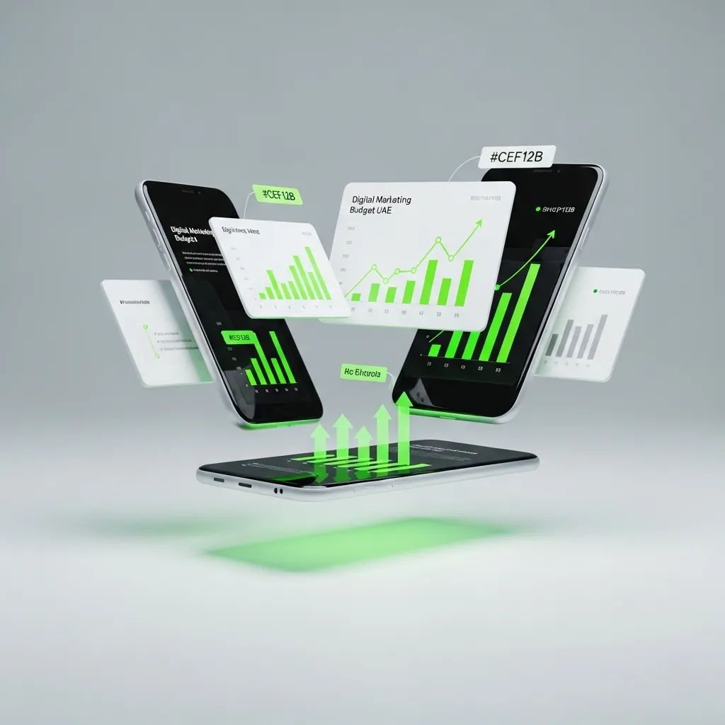 3D illustration of smartphones displaying digital marketing budget planning for UAE companies, growth charts, and performance data for UAE companies