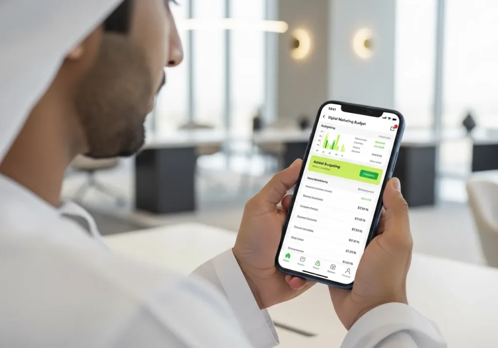Man in traditional UAE attire checking a digital marketing budget plan on a smartphone app with analytics and expense details