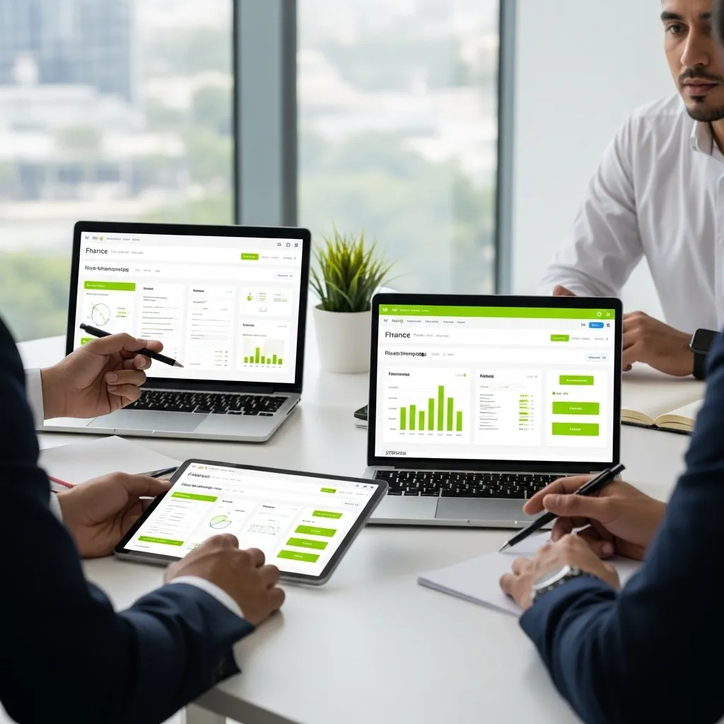 Business professionals in UAE analyzing digital marketing budget plans and performance dashboards on laptops and tablet during a meeting