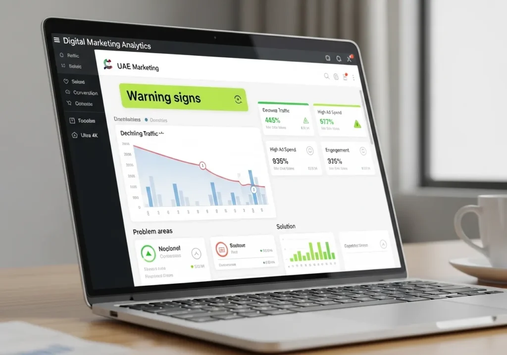 Laptop showing digital marketing mistakes warning signs with declining traffic and analytics dashboard insights