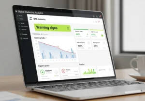 Laptop showing digital marketing mistakes warning signs with declining traffic and analytics dashboard insights