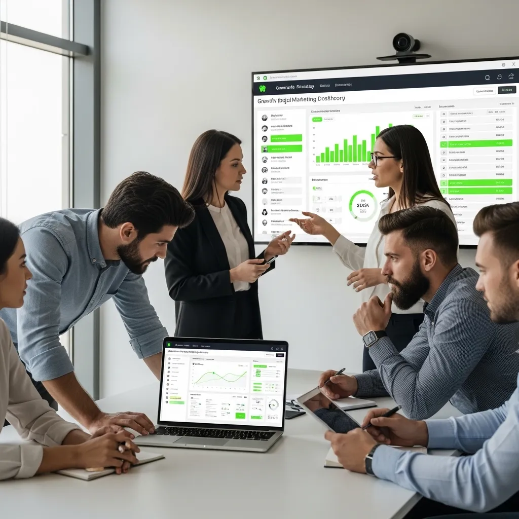 A team collaborates on a marketing roadmap for UAE startups, reviewing analytics dashboards and growth metrics displayed on a screen during a strategy meeting.