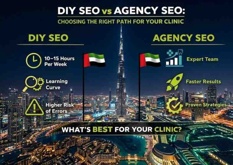 Comparison of DIY SEO and agency SEO for clinics in UAE showing differences in time, expertise, execution, risk, and results