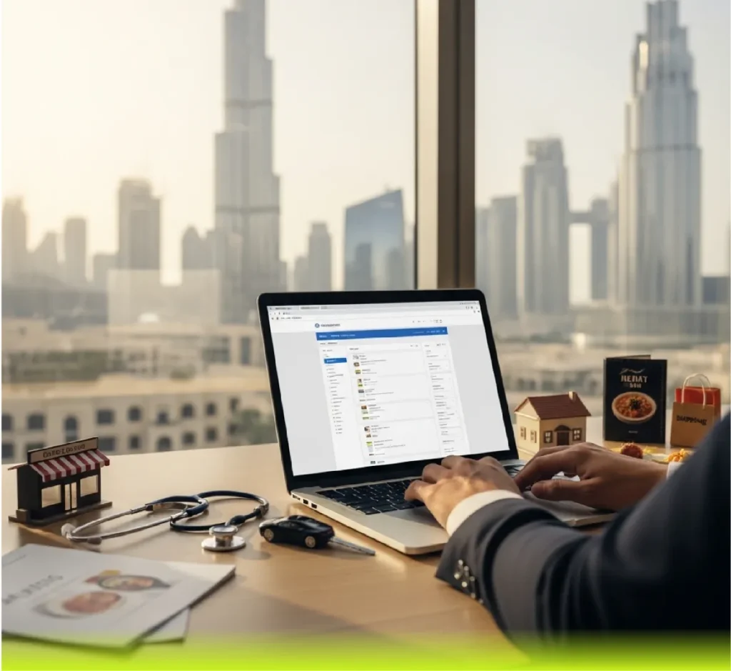 Business professional managing multiple industry websites in Dubai — including restaurant, clinic, real estate, and retail — with Burj Khalifa background
