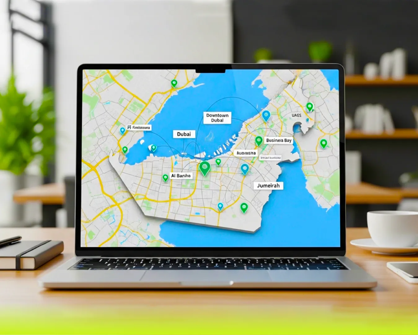 Map of Dubai showing local SEO coverage across neighborhoods including Downtown Dubai, Business Bay, Jumeirah, and Al Barsha