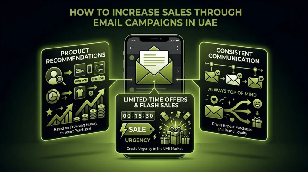Infographic on e-commerce email marketing in UAE, showing how to increase sales.