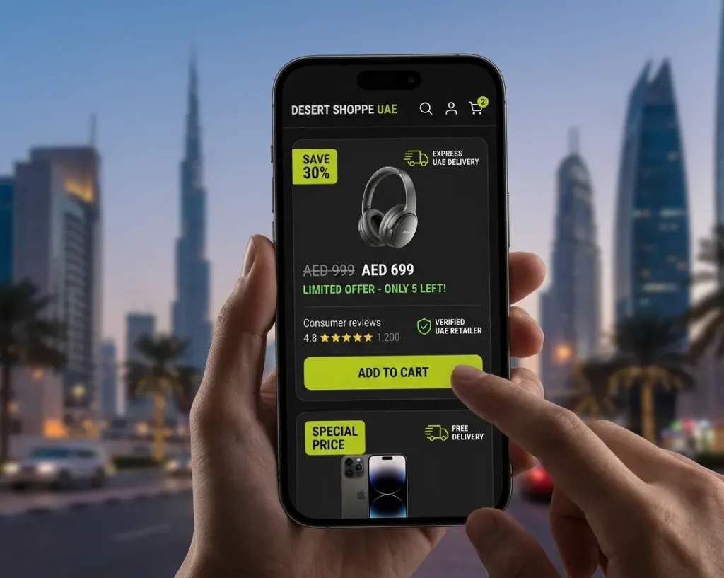 Ecommerce PPC strategy for UAE stores showing mobile shopping behavior discount offers and fast delivery experience