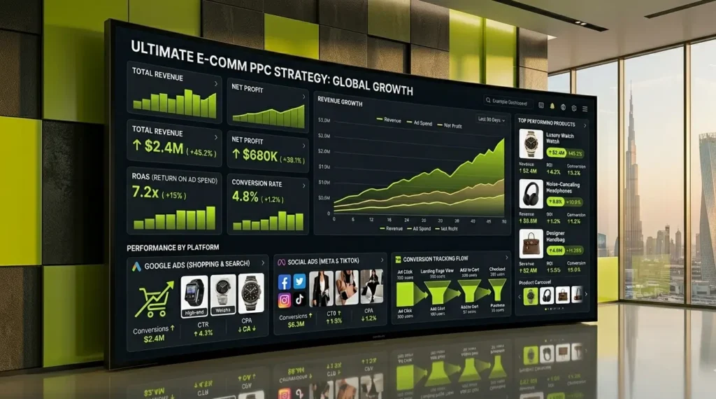 Ecommerce PPC strategy dashboard showing ROI growth ad performance and online store sales optimization in UAE market