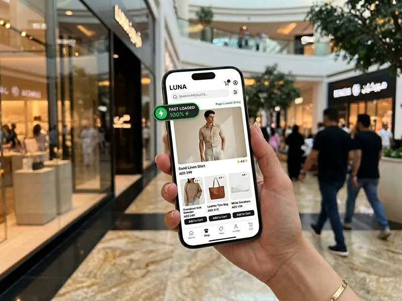 
Expert guide to E-Commerce Website Development UAE, showing a digital store interface with secure payment and B2B icons.