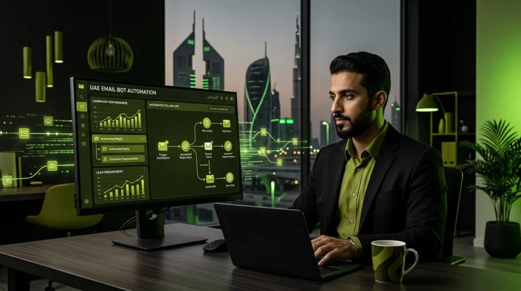 A professional in a modern office with a Dubai skyline view, monitoring a screen displaying an email automation in UAE dashboard with campaign performance metrics and automated workflow charts.