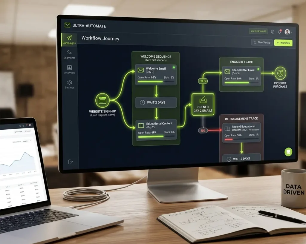 Email automation workflow showing welcome emails and follow-up sequences for UAE digital marketing campaigns for Email Marketing Guide for UAE Businesses