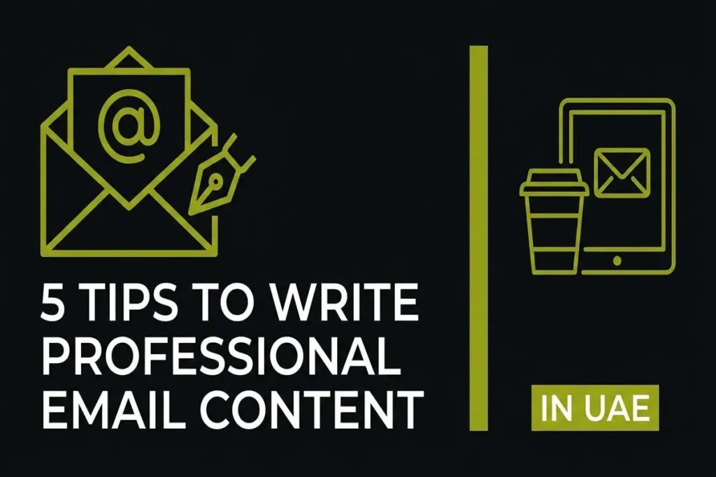 Infographic titled 5 Tips to Write Professional Email Content in UAE, featuring icons of an envelope, a pen nib, and a mobile device to illustrate an effective email content strategy.