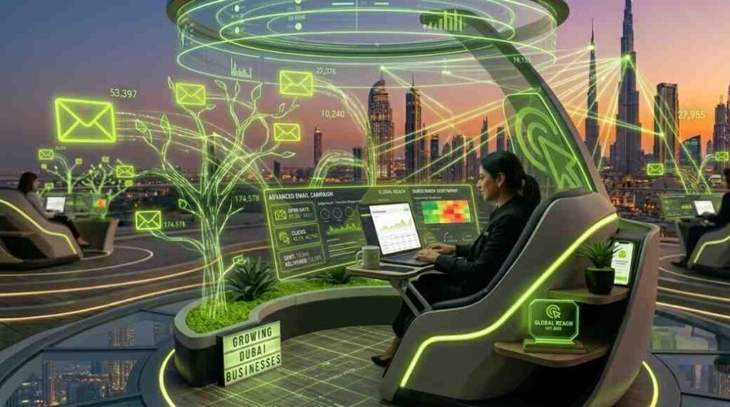 Email marketing campaign strategy for businesses in Dubai UAE showing emails being sent from laptop to multiple devices