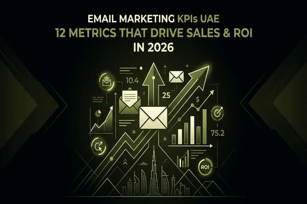 Infographic titled 12 email marketing KPIs UAE for 2026, showing data charts and icons to drive sales and ROI.