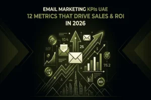 Infographic titled 12 email marketing KPIs UAE for 2026, showing data charts and icons to drive sales and ROI.