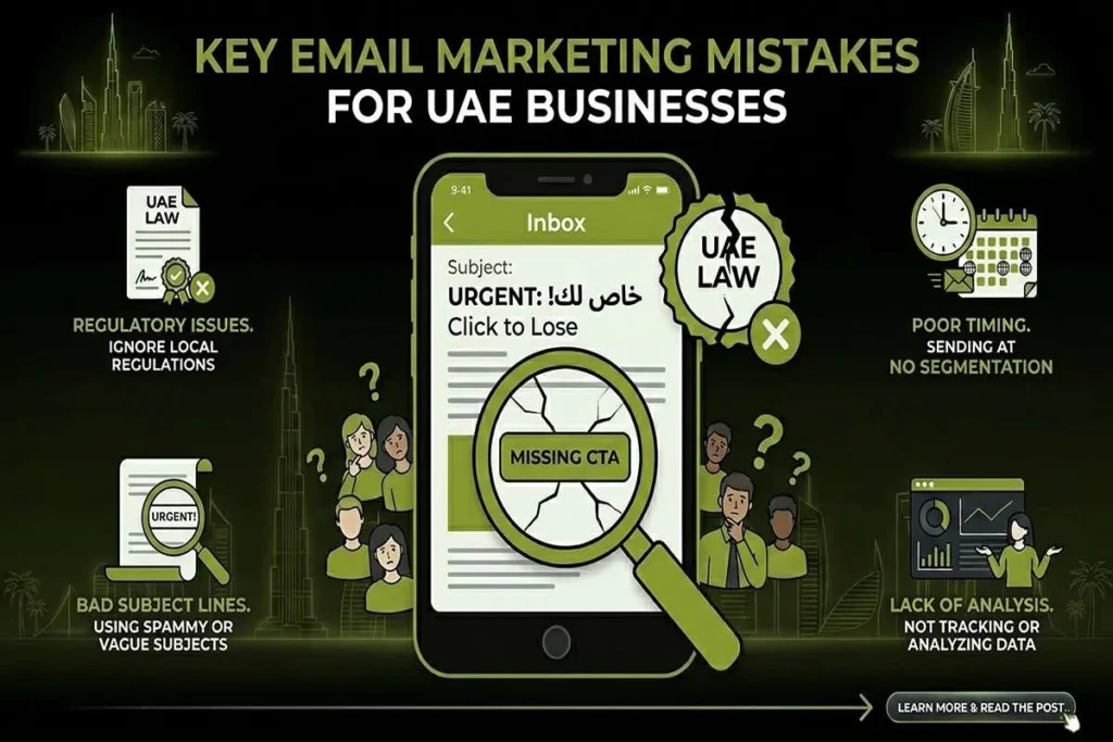 Infographic on email marketing mistakes UAE, highlighting regulatory issues, poor timing, and lack of data analysis.