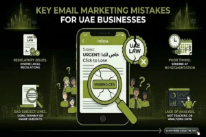 Infographic on email marketing mistakes UAE, highlighting regulatory issues, poor timing, and lack of data analysis.
