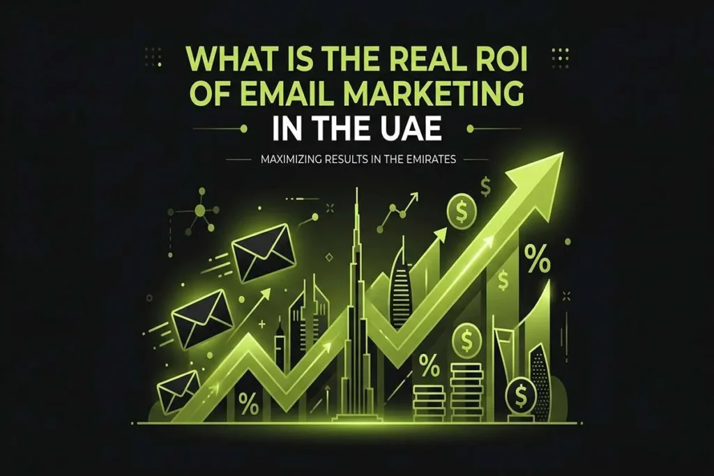 Infographic titled What is the Real ROI of Email Marketing in the UAE?, featuring a glowing green arrow trending upwards, email icons, and the Dubai skyline