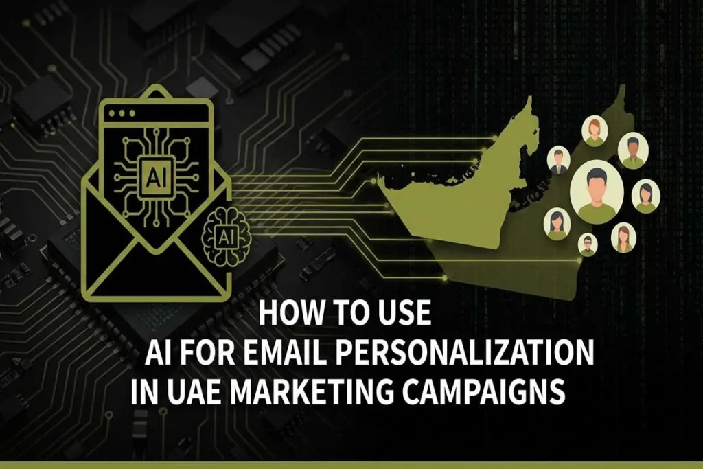 Infographic showing how to use AI for email personalization in UAE, featuring a circuit board and map of the Emirates.
