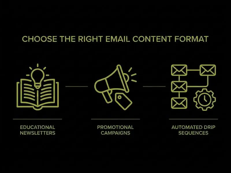 Infographic titled Choose the Right Email Content Format, showcasing educational newsletters, promotional campaigns, and automated drip sequences.