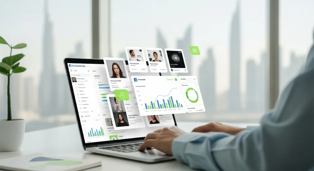 Facebook ads strategy for UAE businesses showing campaign dashboard audience targeting and business growth