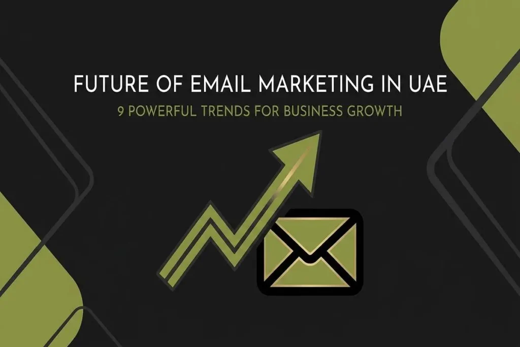 Infographic titled Future of Email Marketing in UAE, featuring an upward arrow and envelope to show business growth trends.