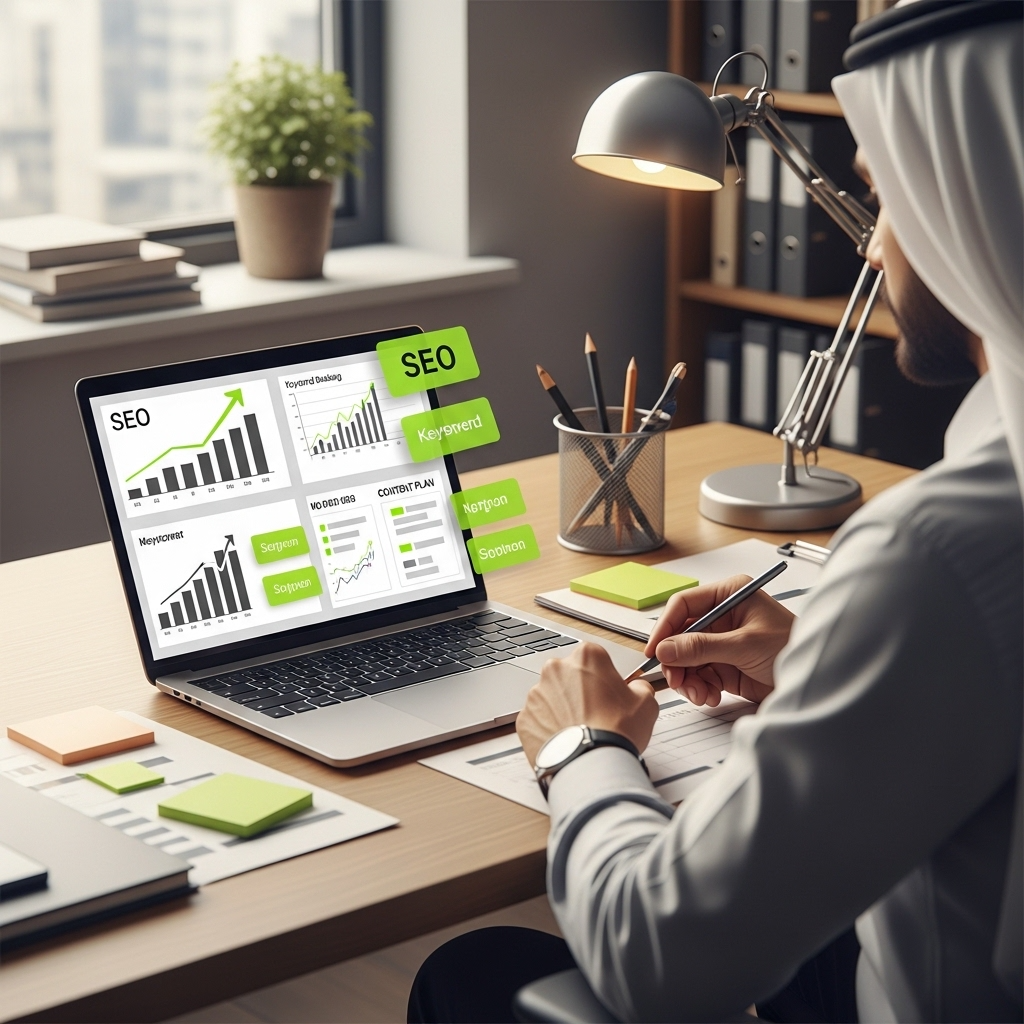Arab businessman analyzing SEO dashboard on laptop with keyword research and growth charts in office, future of SEO in UAE