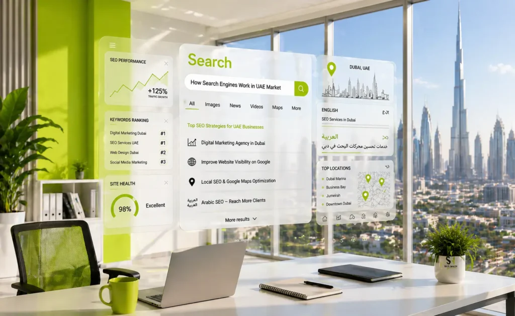 Futuristic digital marketing dashboard with glowing search engine interface, Dubai skyline, and SEO analytics in neon lime green.