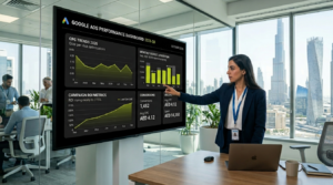 Google Ads cost in UAE 2026 showing CPC trends, budget planning, and ROI analysis dashboard for digital marketing campaigns