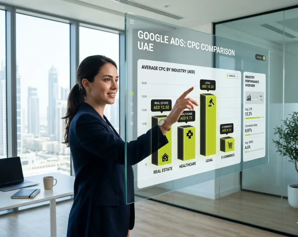 Google Ads cost in UAE comparison showing CPC rates across industries like real estate, healthcare, and e-commerce for better budgeting strategy