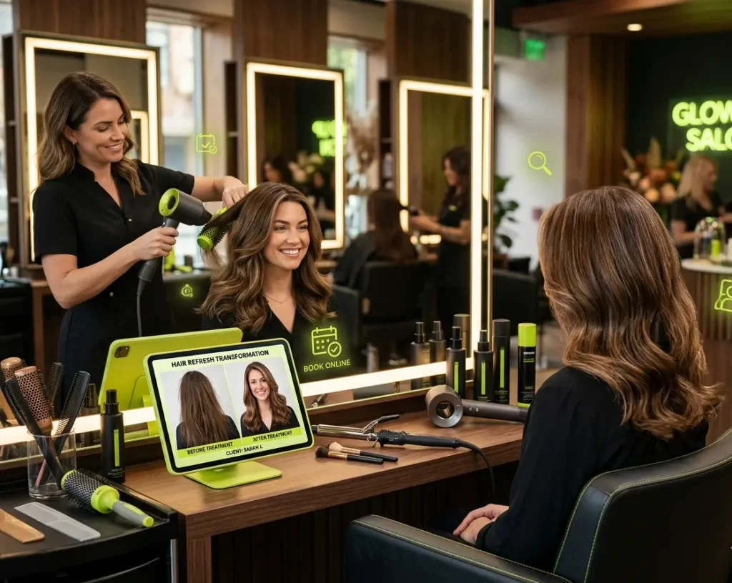 Beauty salon owner updating Google Business Profile listing for women salon in Abu Dhabi UAE