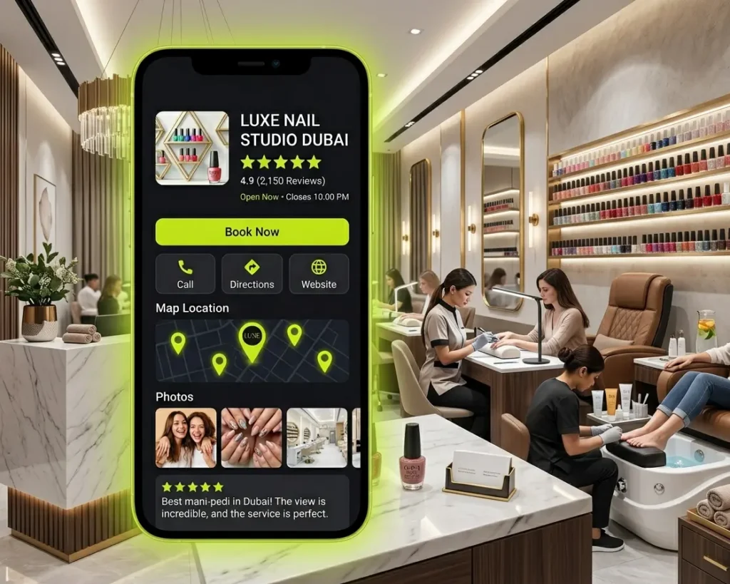 Google Business Profile optimization for seo nail studios in UAE with reviews ratings and booking option