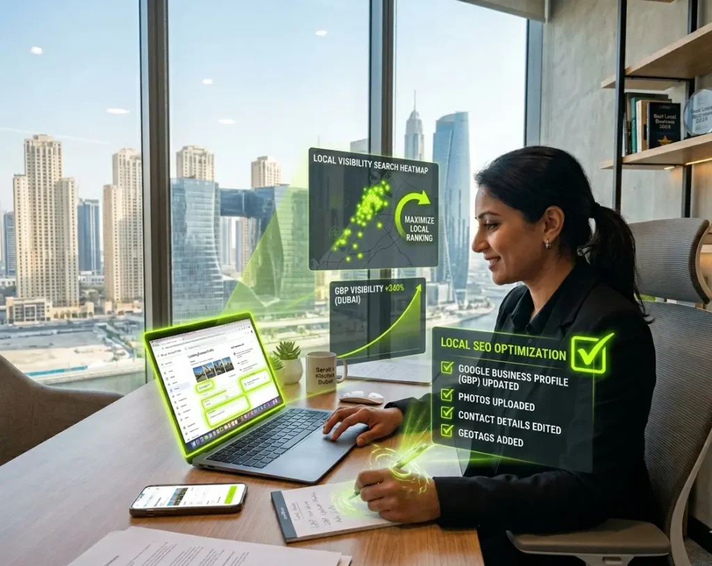 Business owner updating Google Business Profile for Local SEO for Dubai Businesses at Business Bay