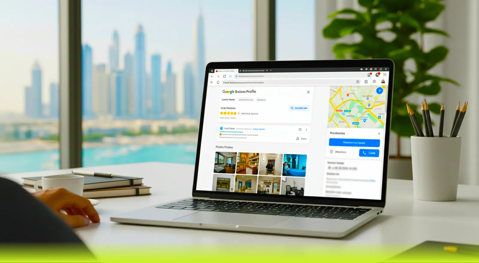 Google Business Profile management dashboard showing local reviews, photos, and map location for a Dubai business