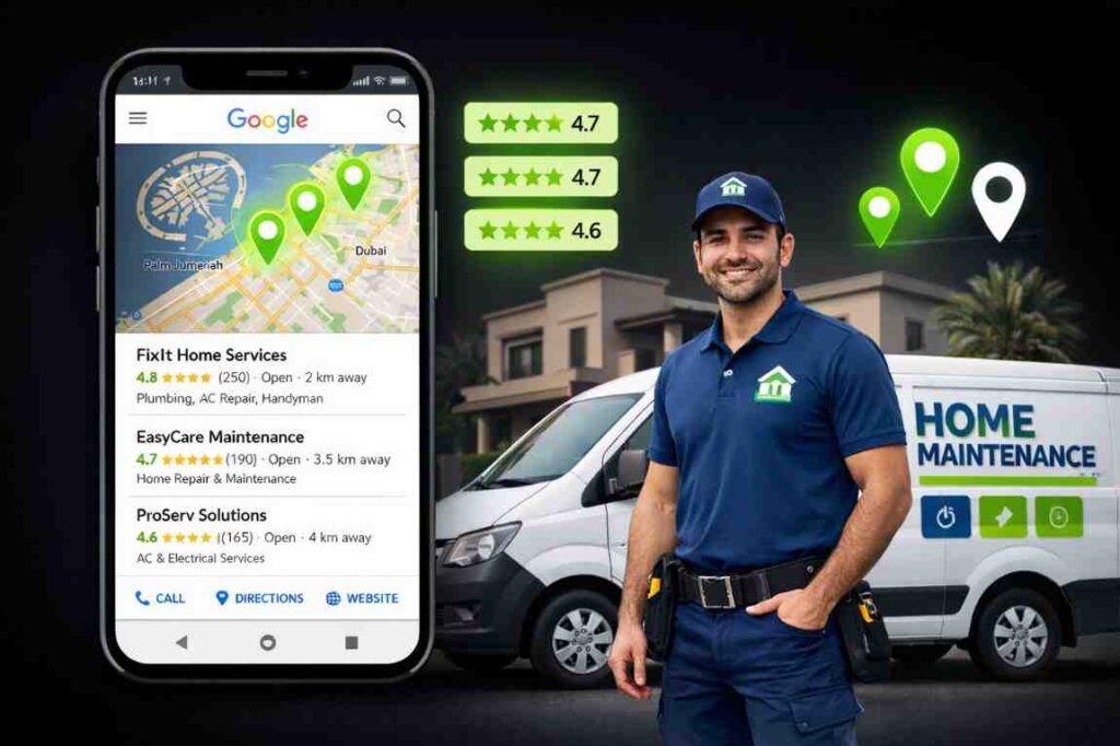 Smartphone showing Google Maps business listing with home maintenance van, technician, and SEO ranking highlights for Dubai local search