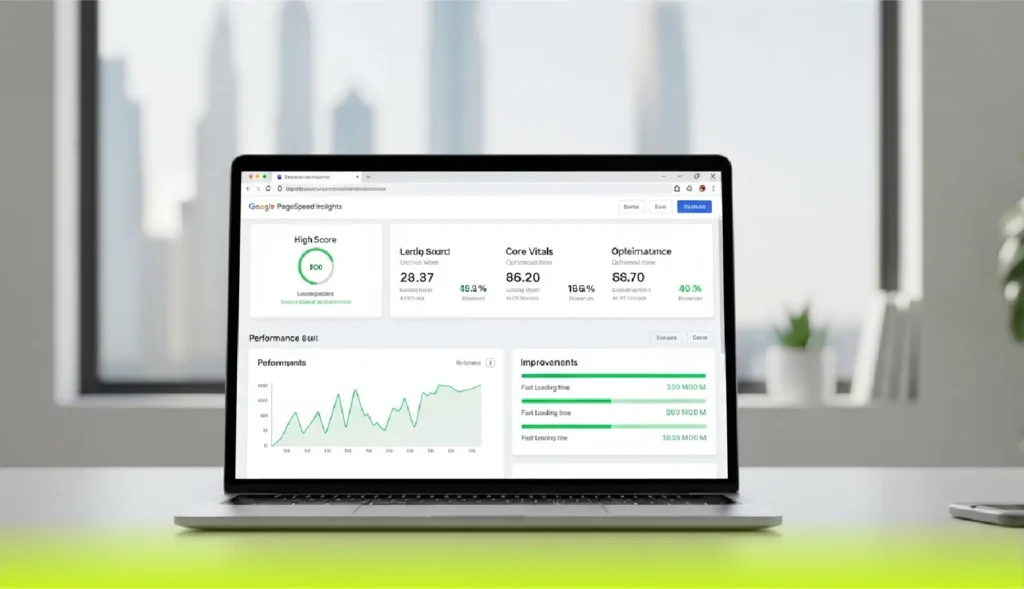 Google PageSpeed Insights dashboard showing high performance score, fast loading times, and Core Vitals results for a SkillsHeaven-built Dubai website