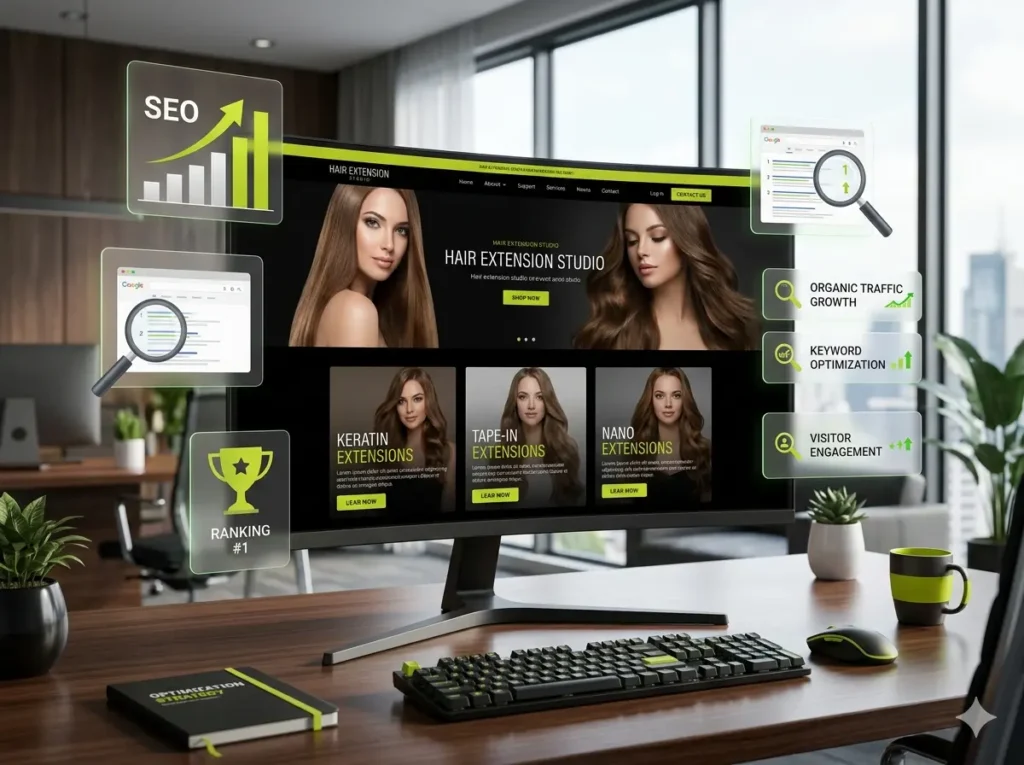 On page SEO optimization for hair extension studio websites targeting UAE clients and local search visibility