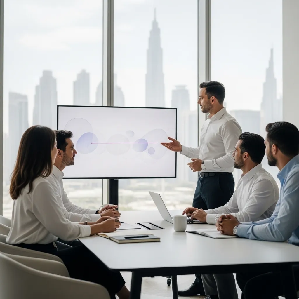 A professional presenting data on a large screen to a group of colleagues seated around a conference table in a modern office with city skyline views.