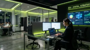 Modern SEO office workspace showing keyword research strategy tools and analytics for UAE businesses in a digital marketing environment