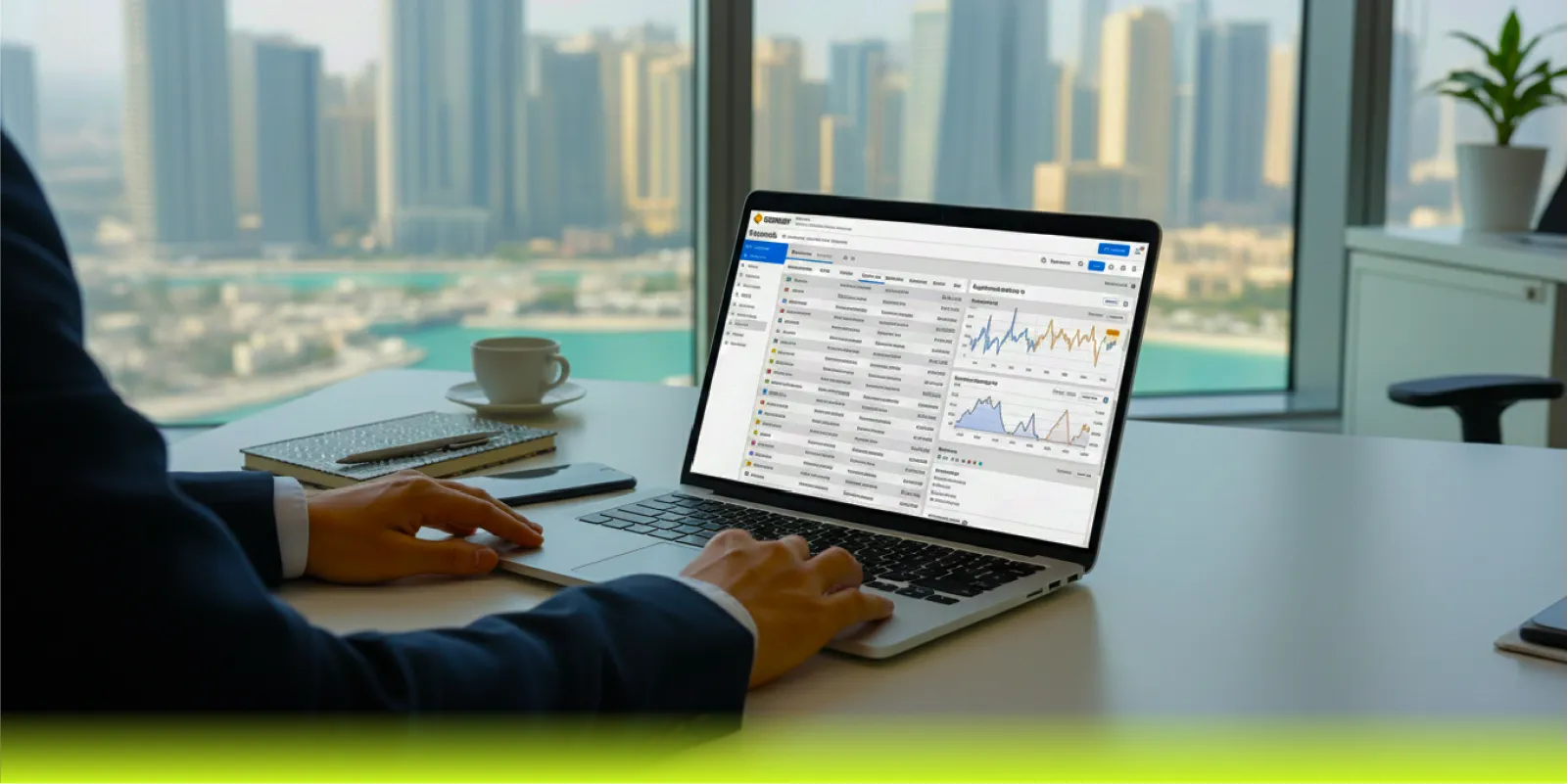 Business professional using keyword research tool (SEMrush) on laptop with Dubai marina waterfront view in background