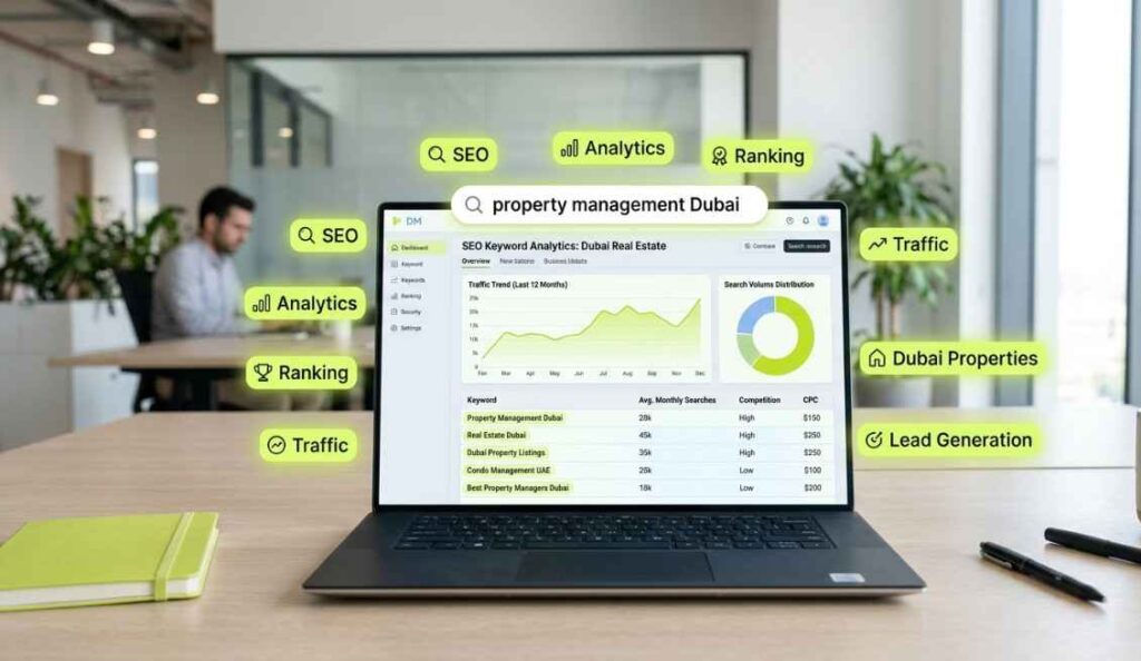 Keyword research strategy for property management Dubai SEO analytics dashboard