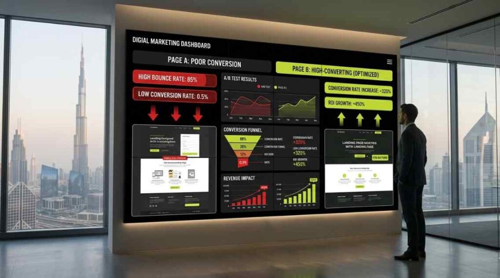 Landing page optimization for paid ads UAE showing ROI growth dashboard with conversion analytics and UX performance comparison