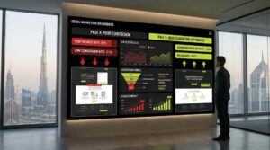 Landing page optimization for paid ads UAE showing ROI growth dashboard with conversion analytics and UX performance comparison