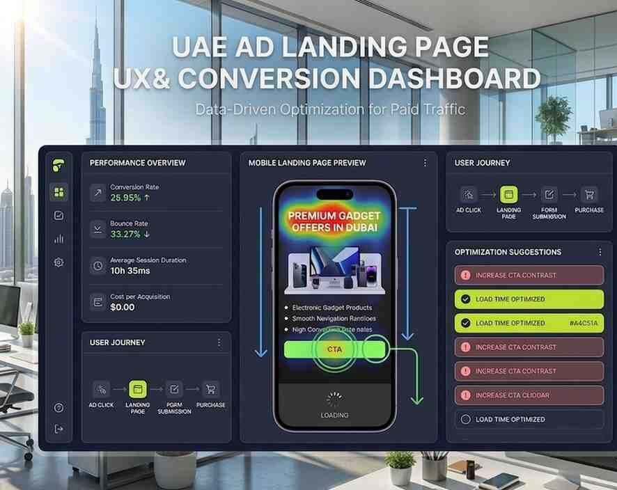 Landing page optimization for paid ads UAE focusing on UX optimization mobile experience and conversion tracking improvements